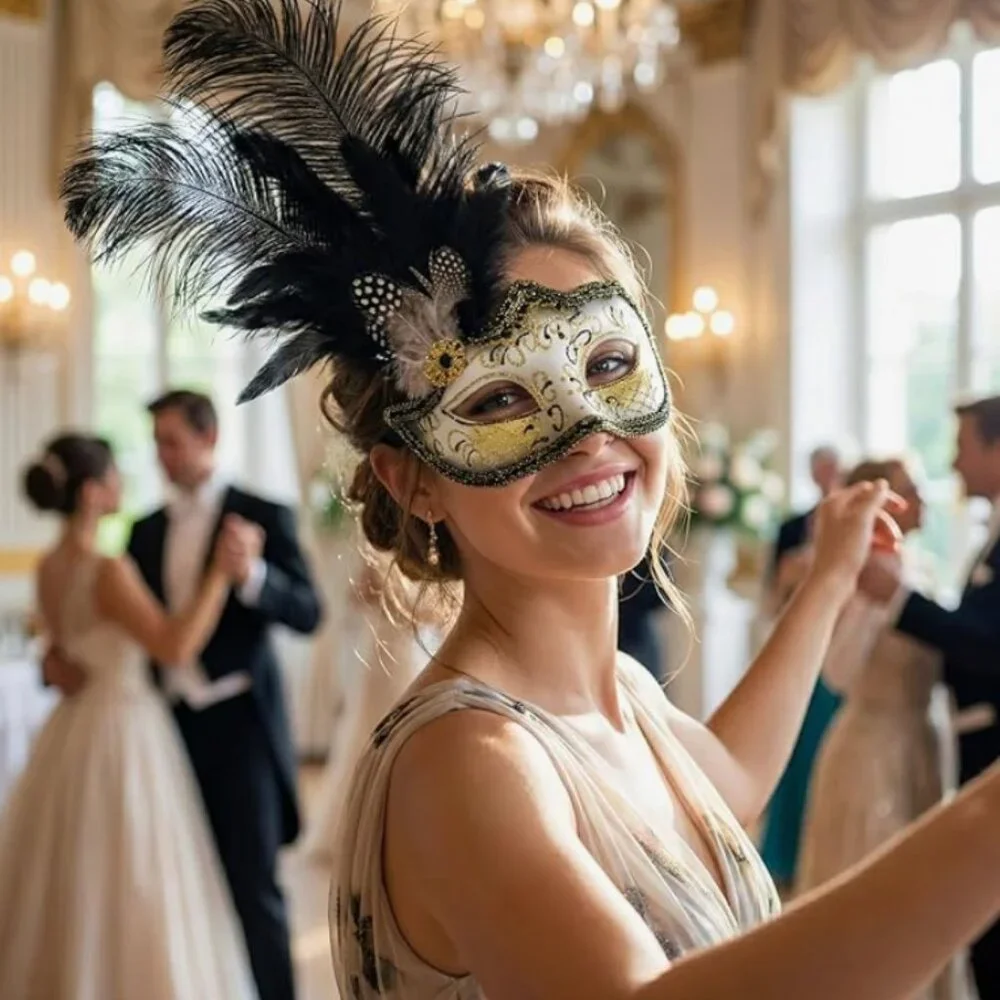 Feather Masquerade Mask Black Silver & Gold Venetian Style Halloween Costume